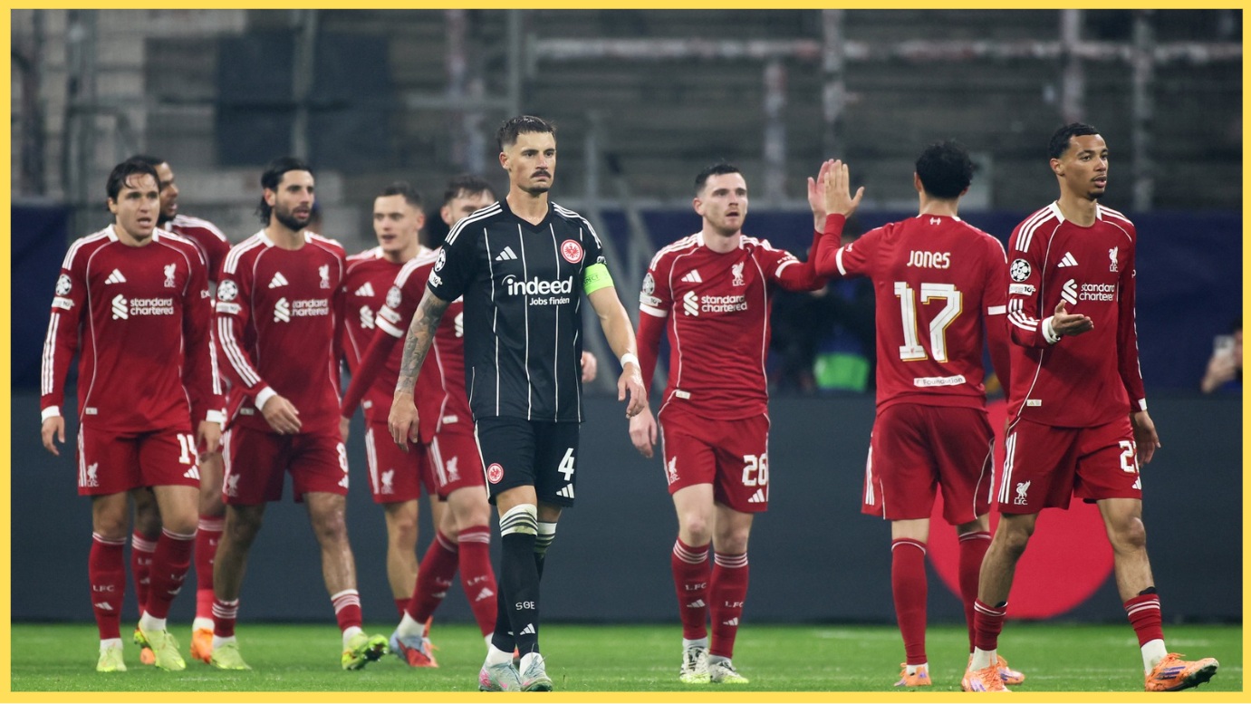Liverpool celebrate one of their five goals against Eintracht Frankfurt