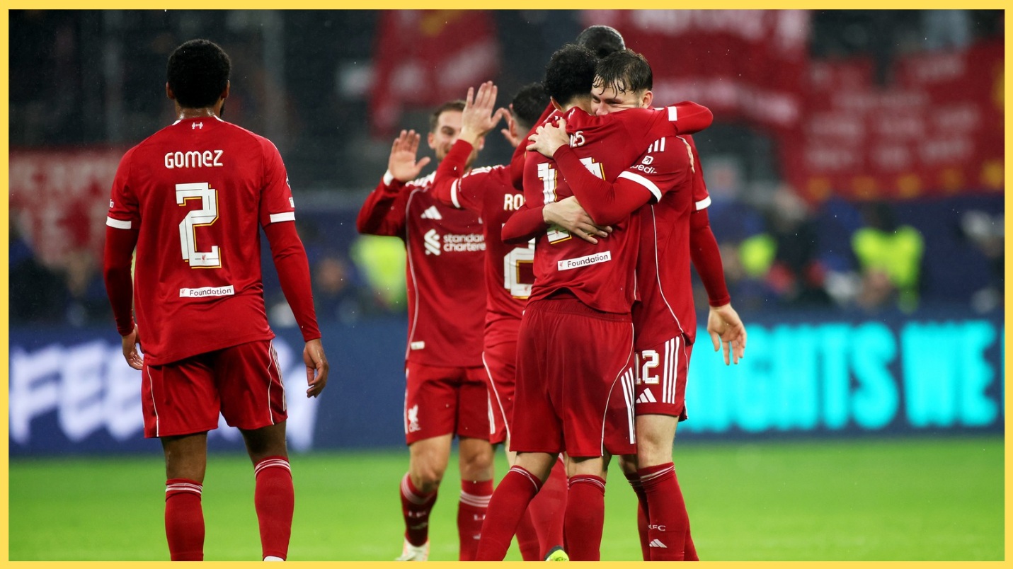 Liverpool celebrate their 5-1 drubbing of Eintracht Frankfurt