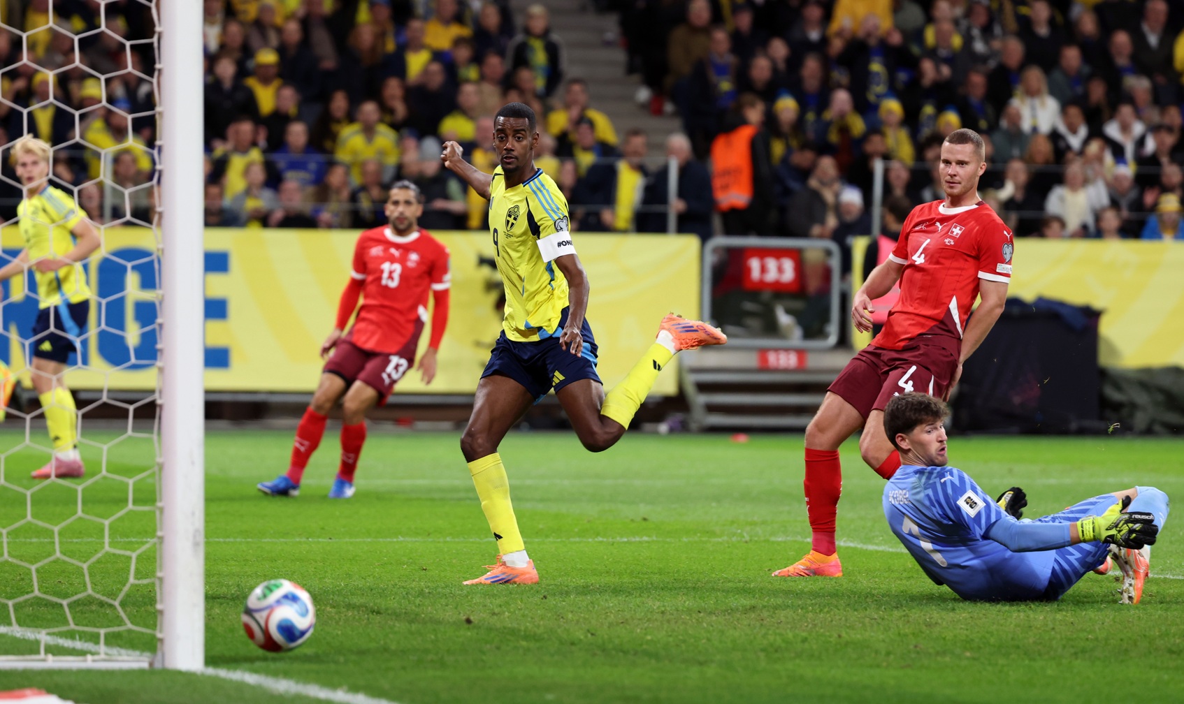 Alexander Isak sees his shot come back off the post in Sweden's defeat to Switzerland