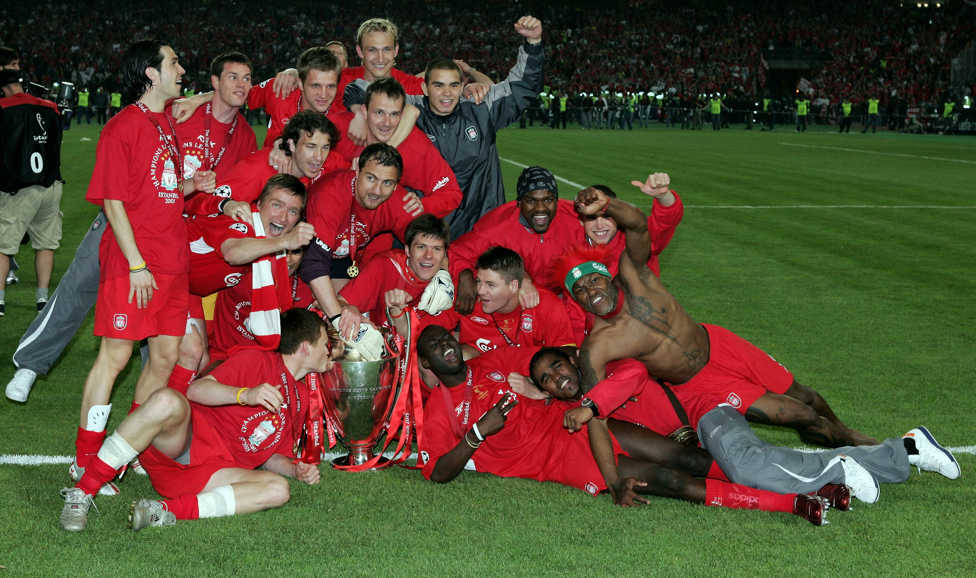 Liverpool's players celebrate winning the 2005 Champions League final
