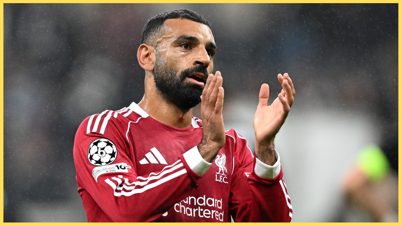 Mo Salah applauds the travelling Liverpool fans in Frankfurt after the Reds' 5-1 win on Wednesday