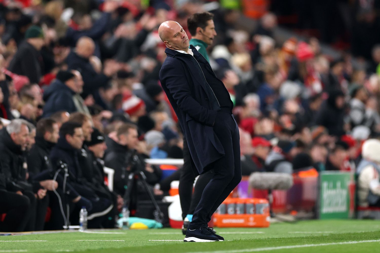 Arne Slot watches Liverpool against PSV