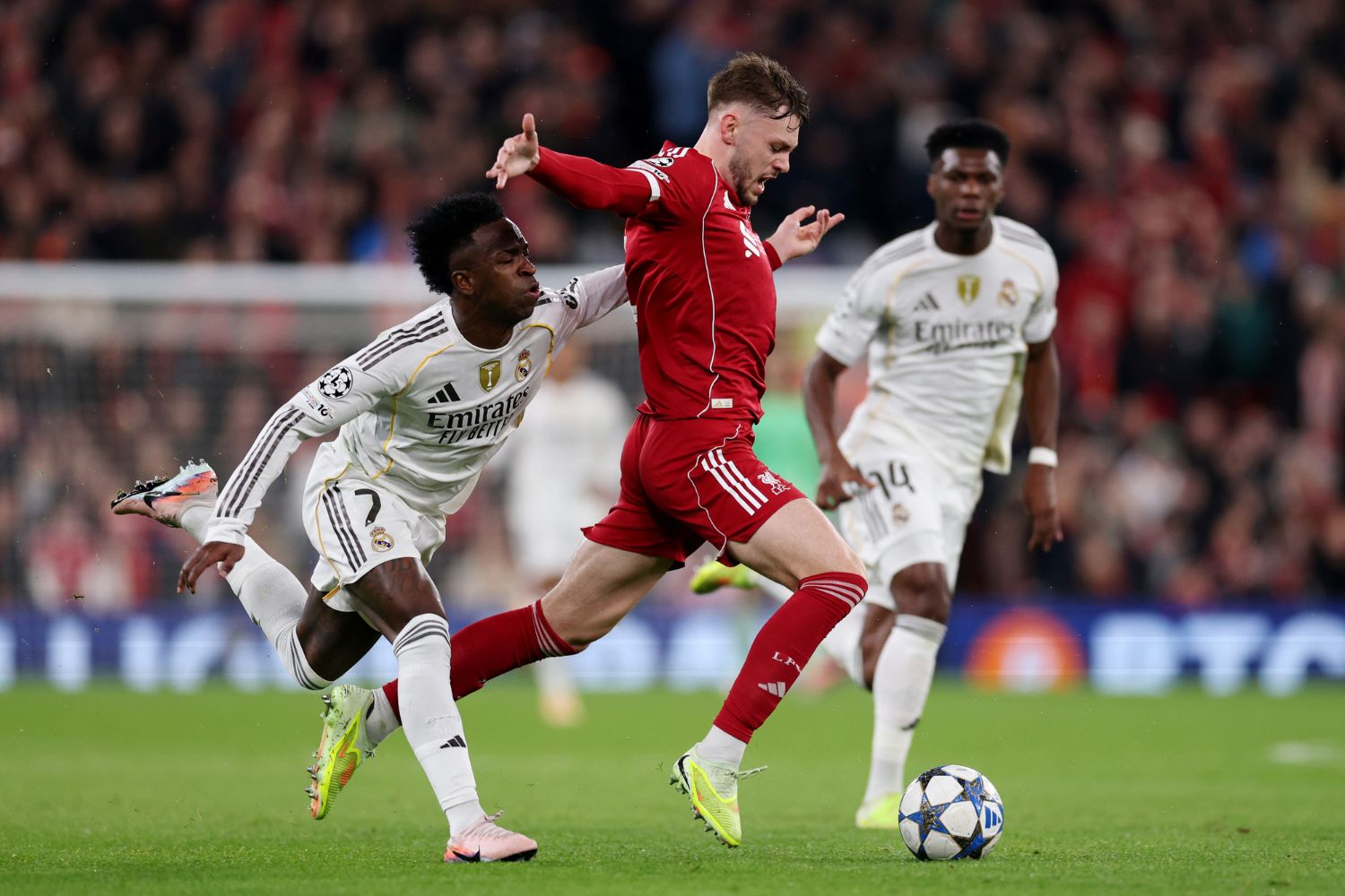 Liverpool defender fires cheeky Vinicius reference after Bradley’s Actual Madrid show 1 Conor Bradley against Vinicius Jr