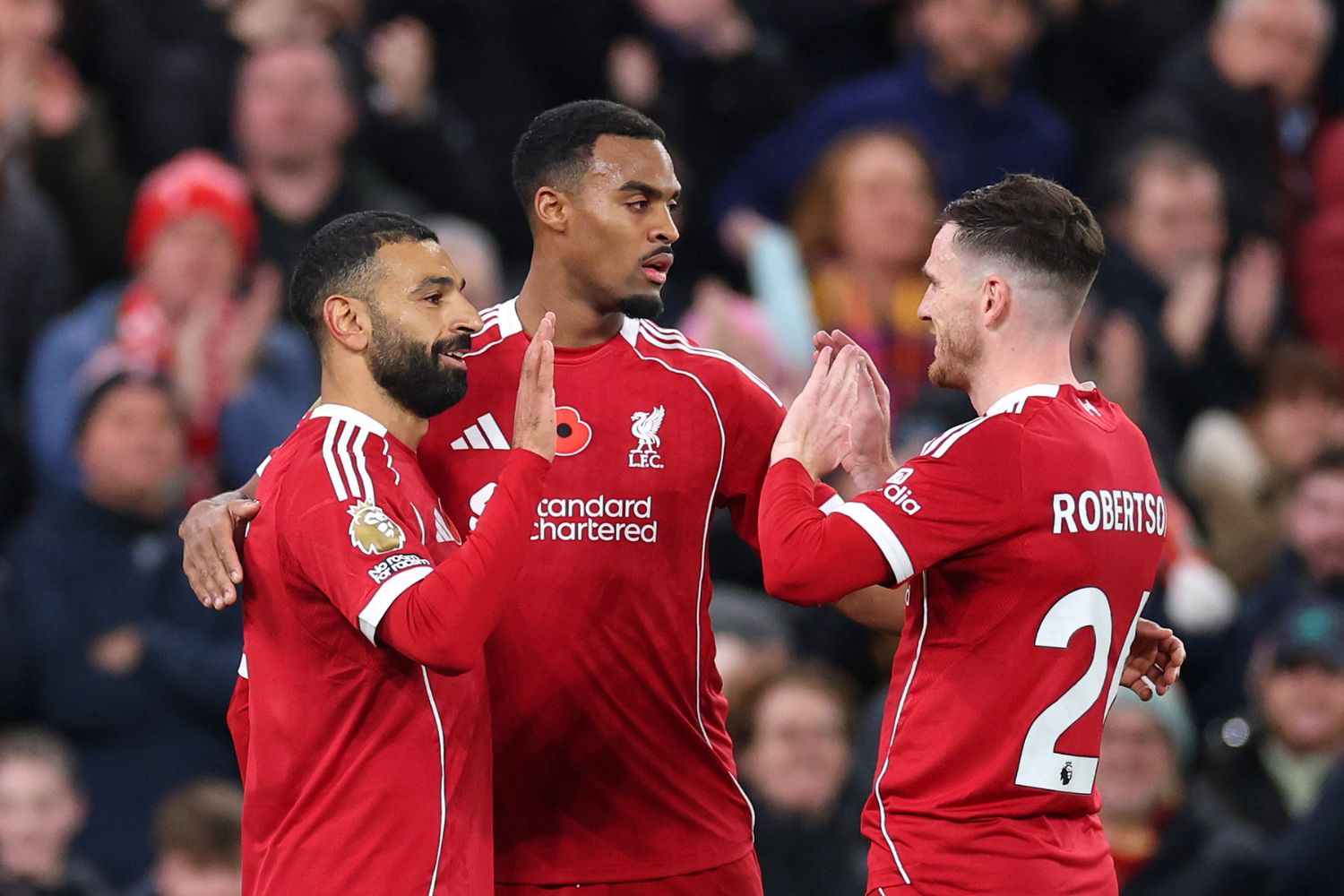 Mo Salah celebrates after scoring against Aston Villa at Anfield
