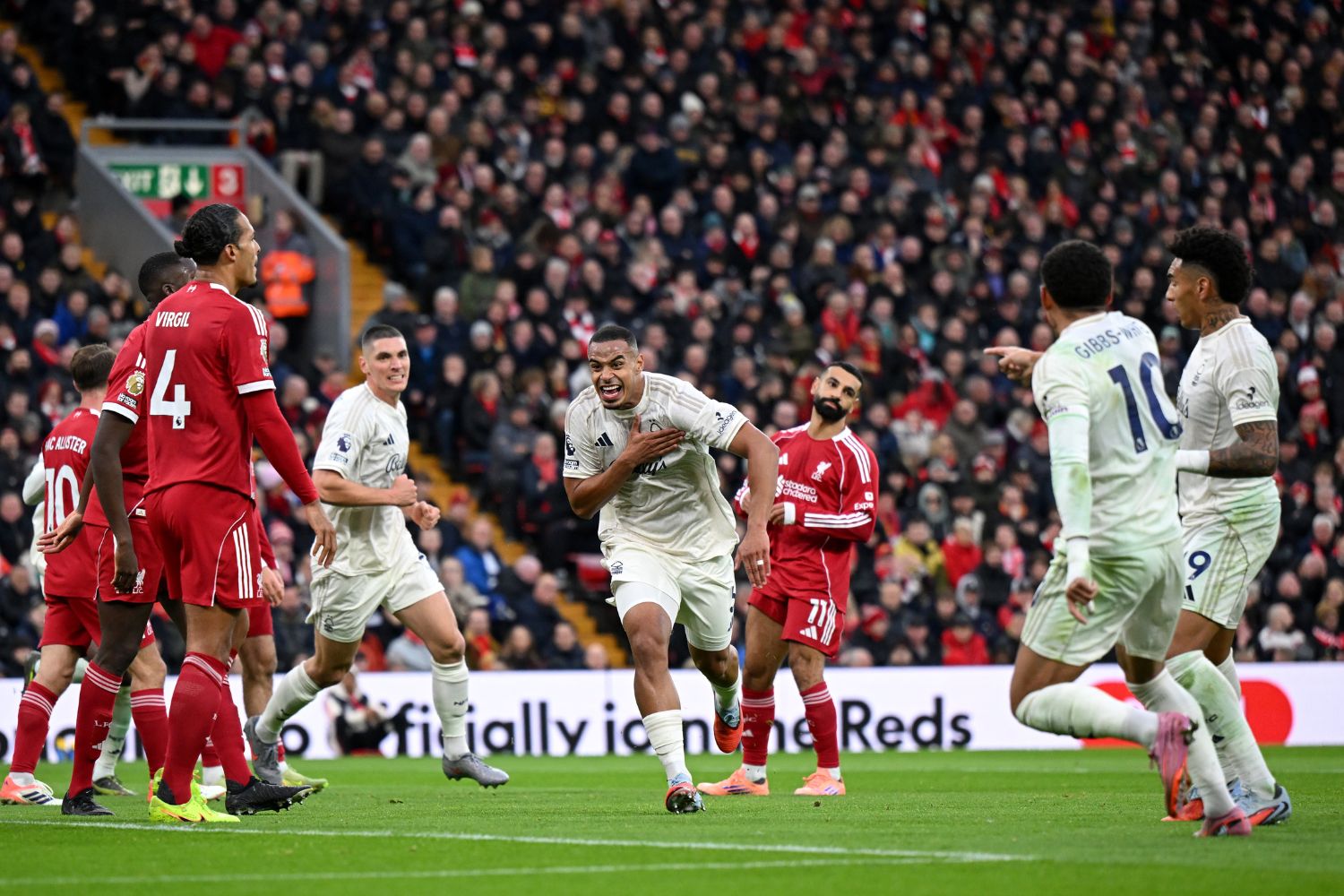 Murillo celebrates scoring at Anfield