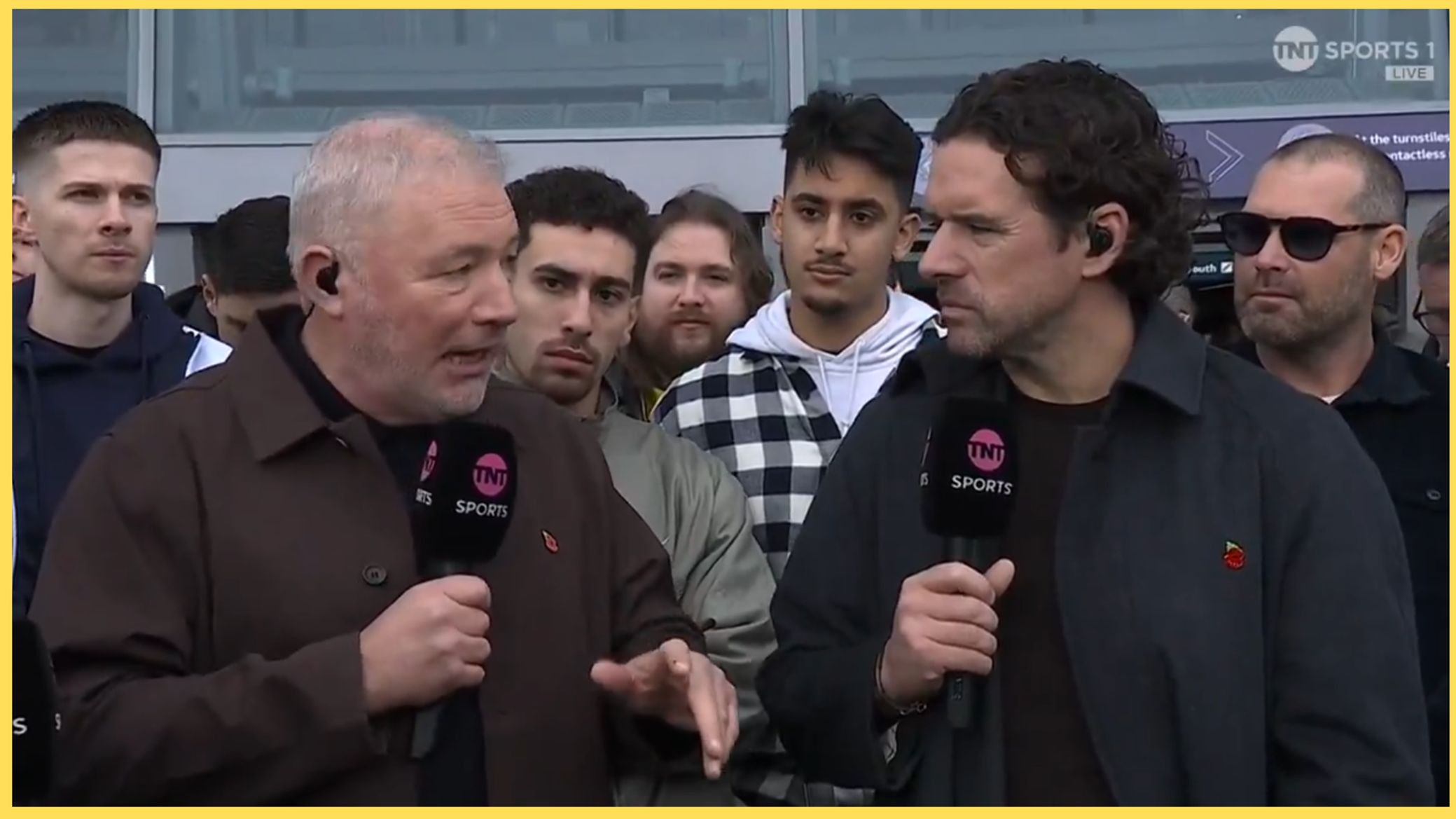 Ally McCoist and Owen Hargreaves in discussion during TNT Sports broadcast.