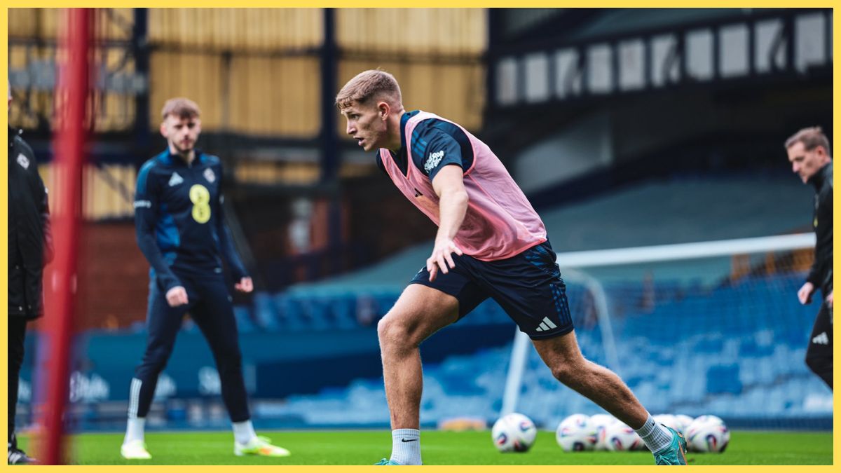 Conor Bradley trains with Northern Ireland at Goodison Park