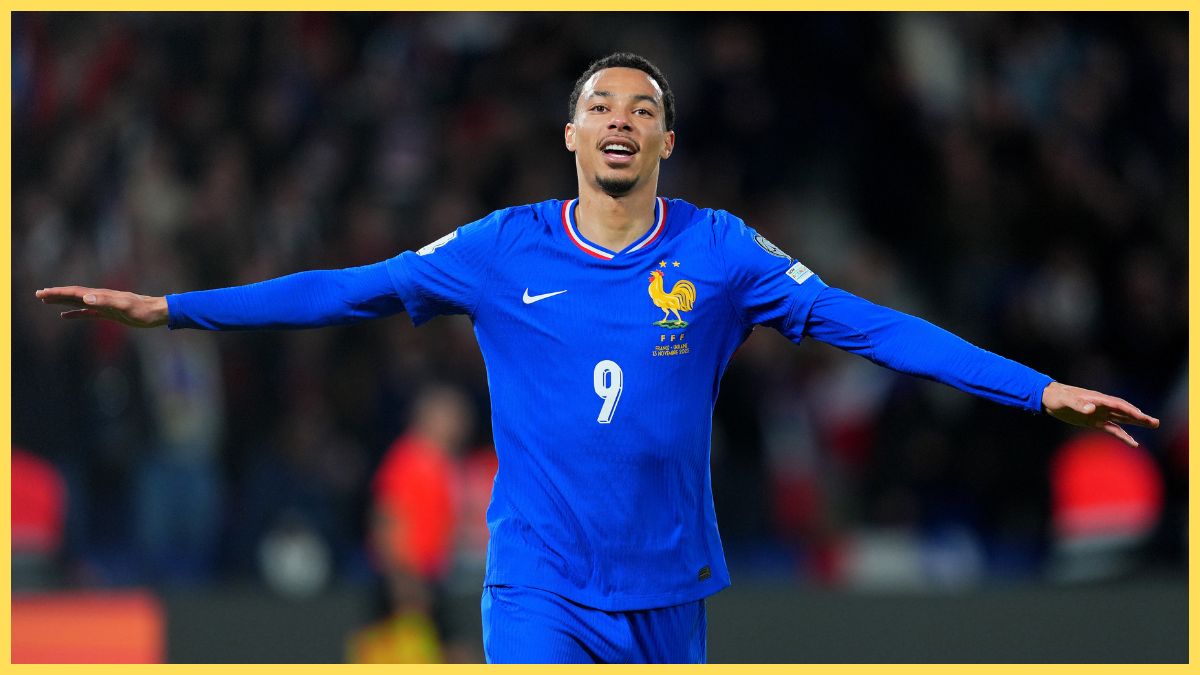 Hugo Ekitike celebrates scoring for France against Ukraine