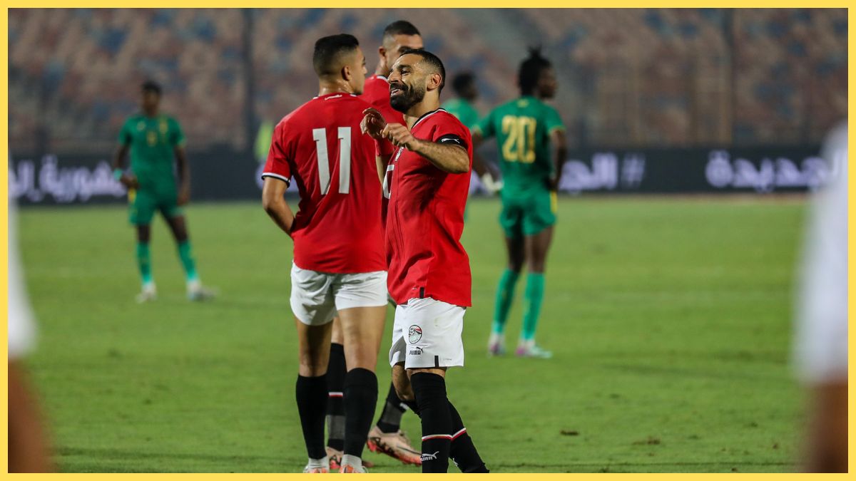 Mo Salah celebrates scoring against Mauritania