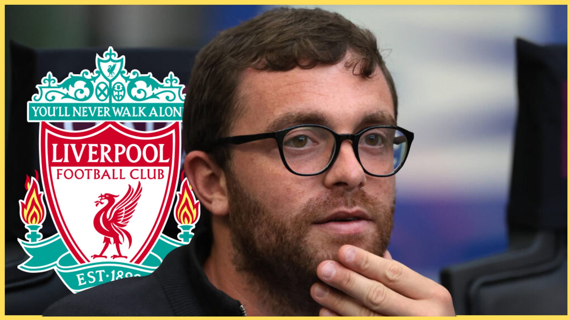 Fabrizio Romano looks on in front of Liverpool club crest.