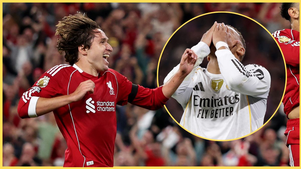 Federico Chiesa celebrates next to a picture of a distraught Kylian Mbappe.