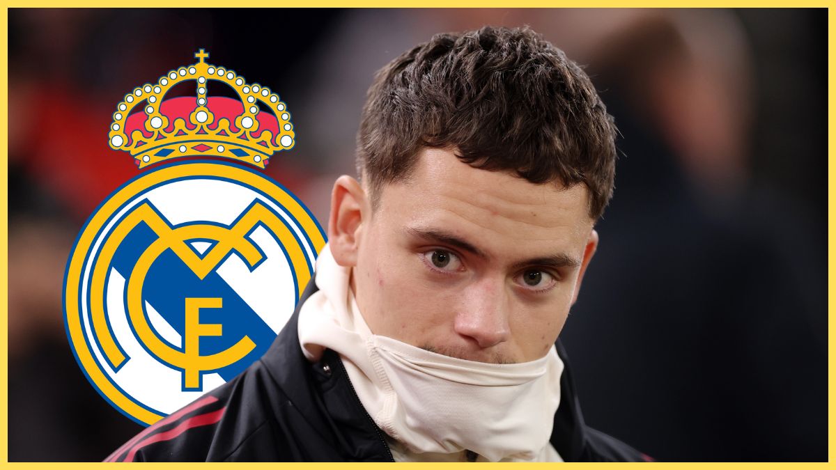 Florian Wirtz hides half his face in a snood next to Real Madrid club crest.