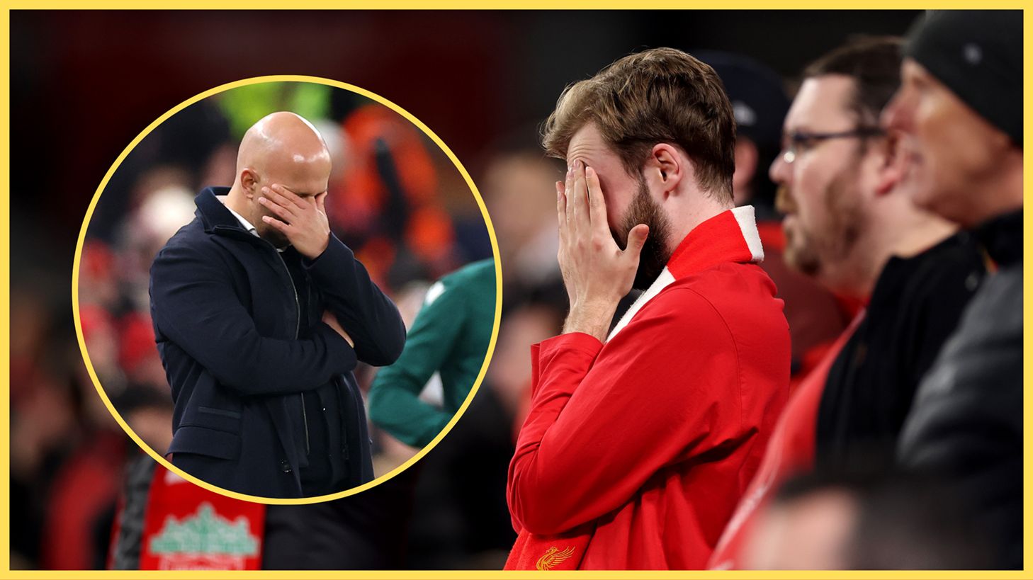 Liverpool fan and Arne Slot bury their faces in their hands.