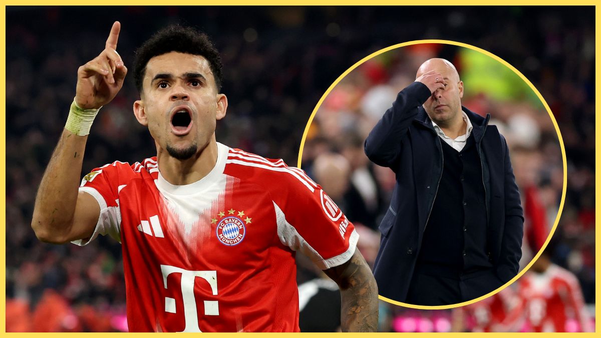 A jubilant Luis Diaz points his finger as Arne Slot covers his face.