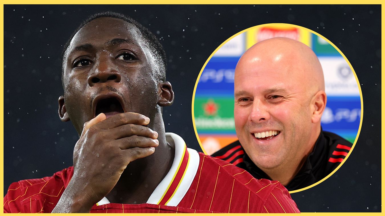 Ibrahima Konate rubs his chin in distress whilst Arne Slot smiles.