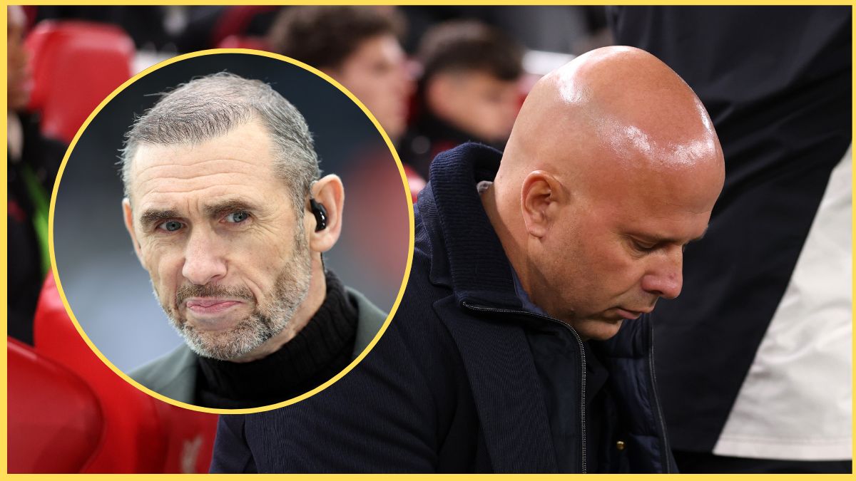 Martin Keown looks sheepish as Arne Slot lowers his head.