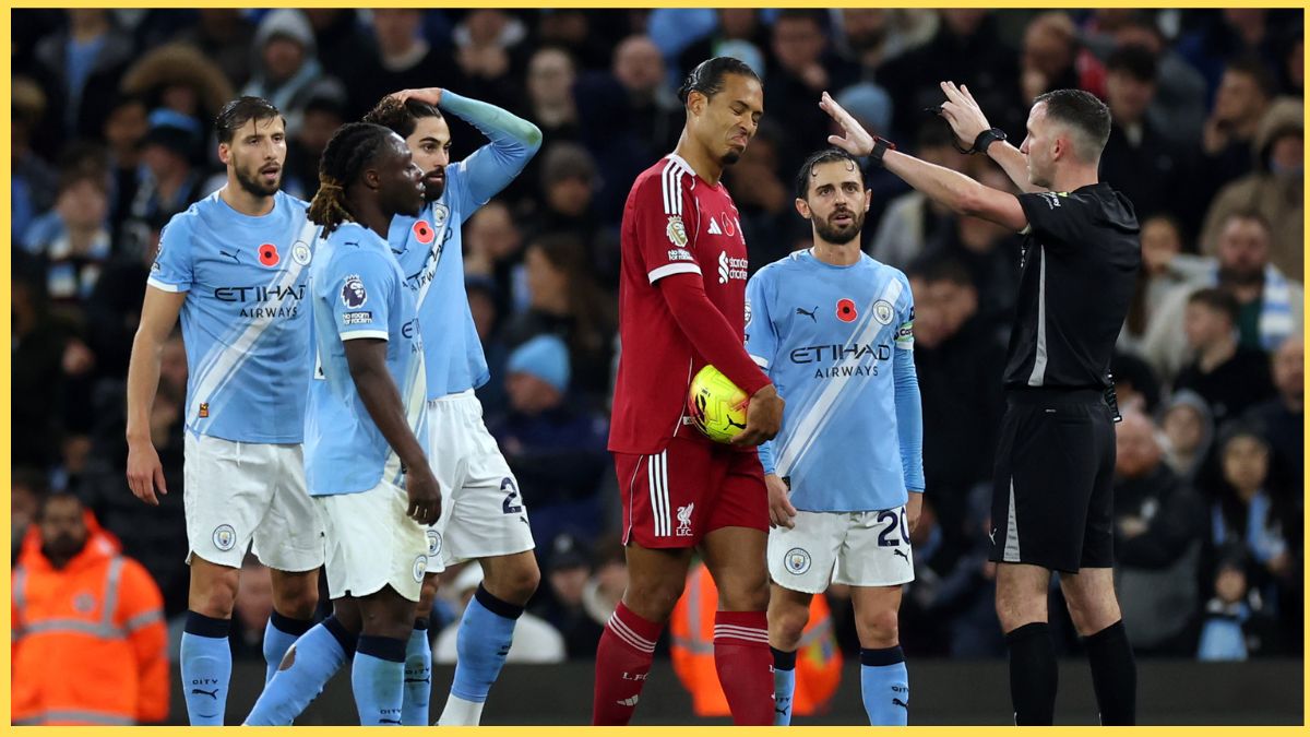 Virgil van Dijk looks disappointed with Chris Kavanagh decision.