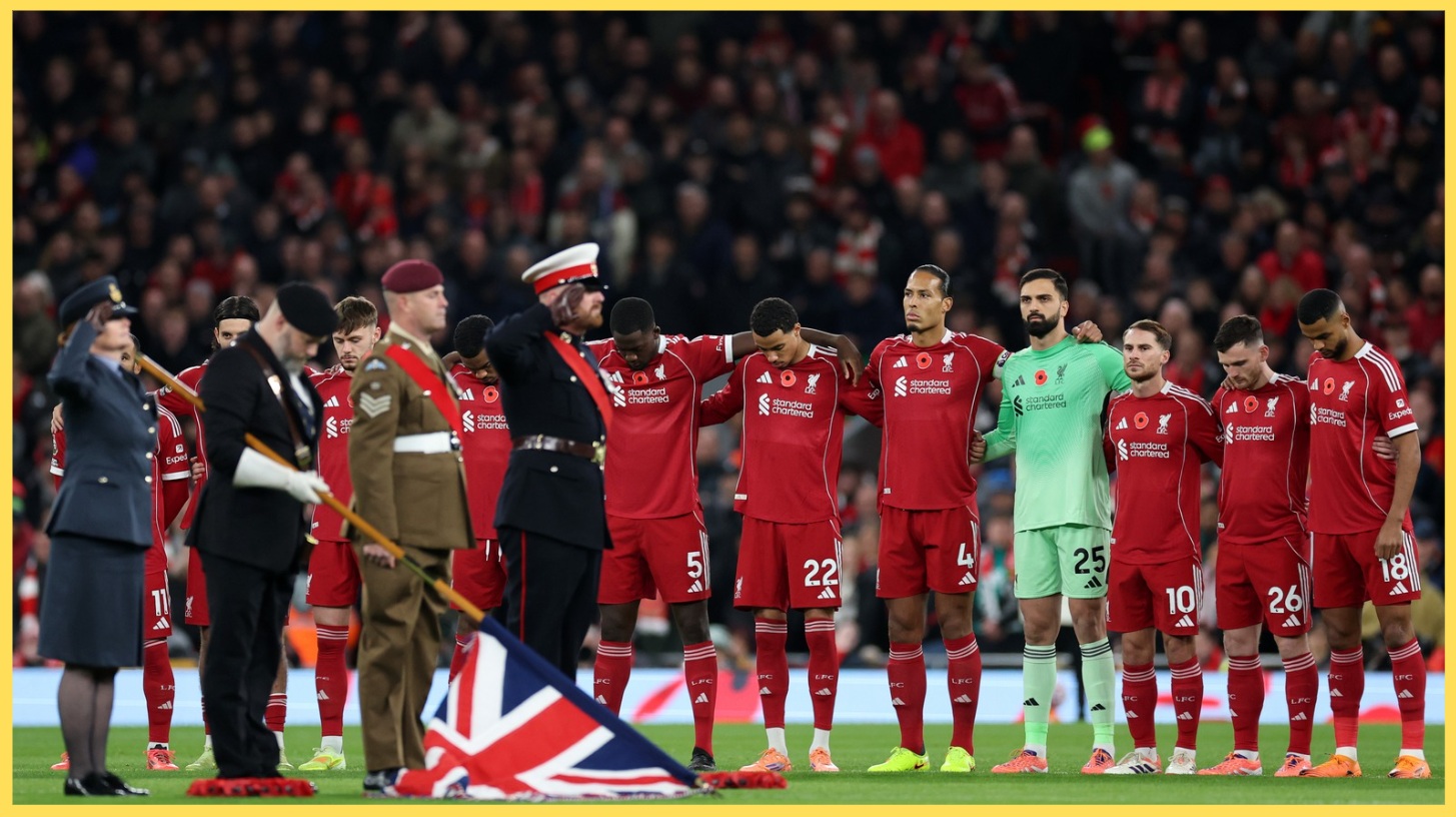 Liverpool players observe a minute's silence before their match against Aston Villa