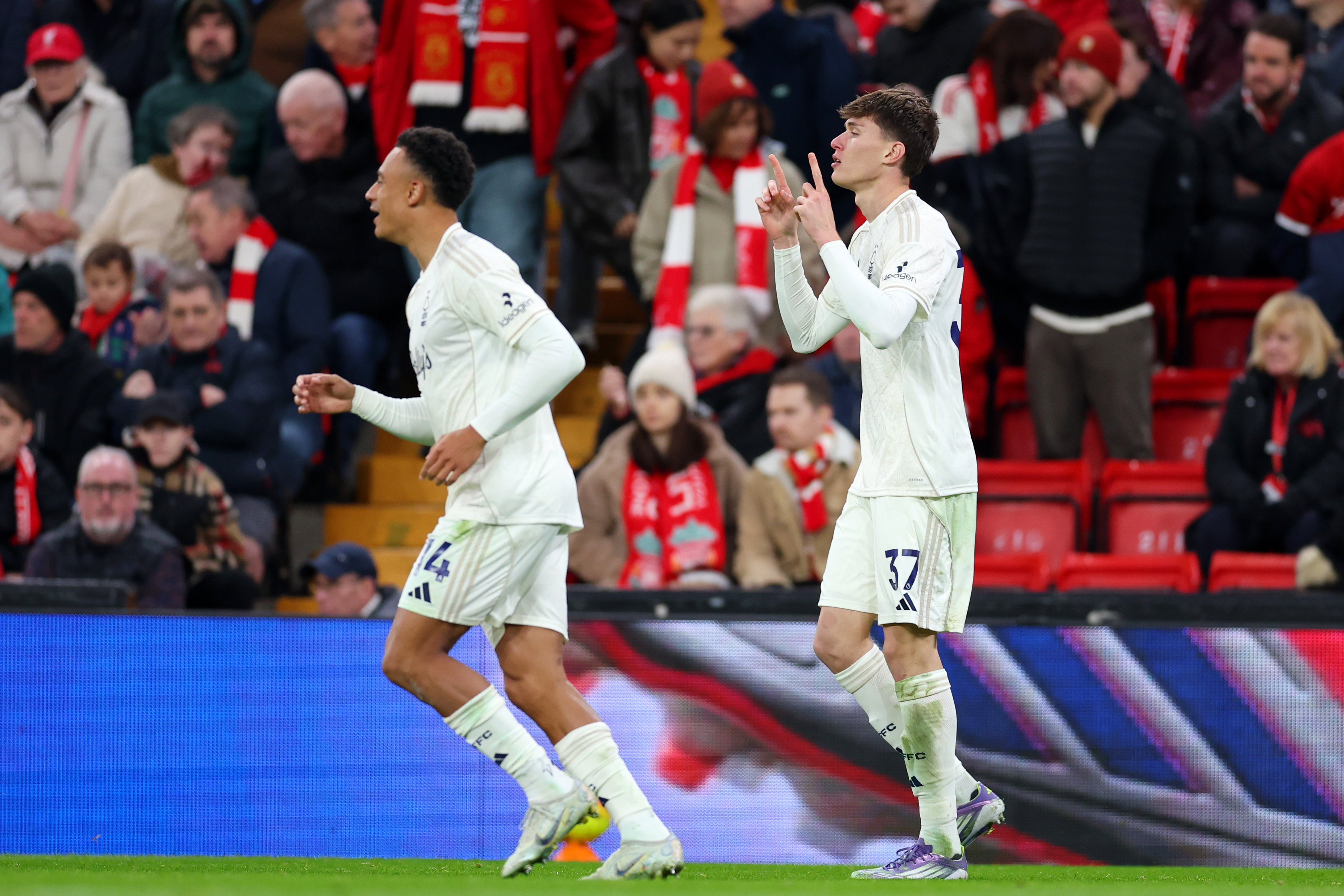 Nicolo Savona celebrates his goal in Nottingham Forest's 3-0 win over Liverpool at Anfield