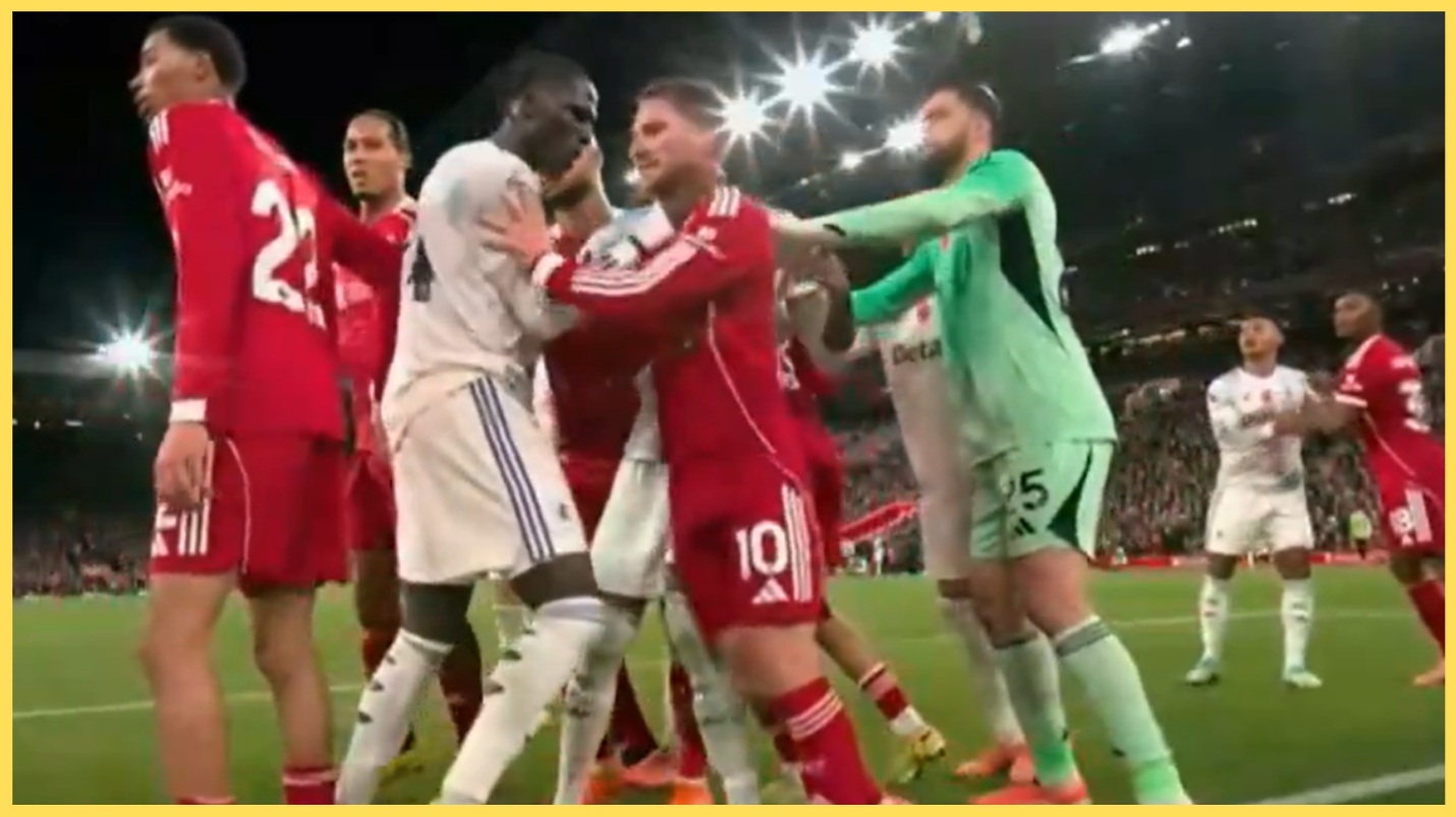 Amadou Onana appeared to grab Alexis Mac Allister by the neck