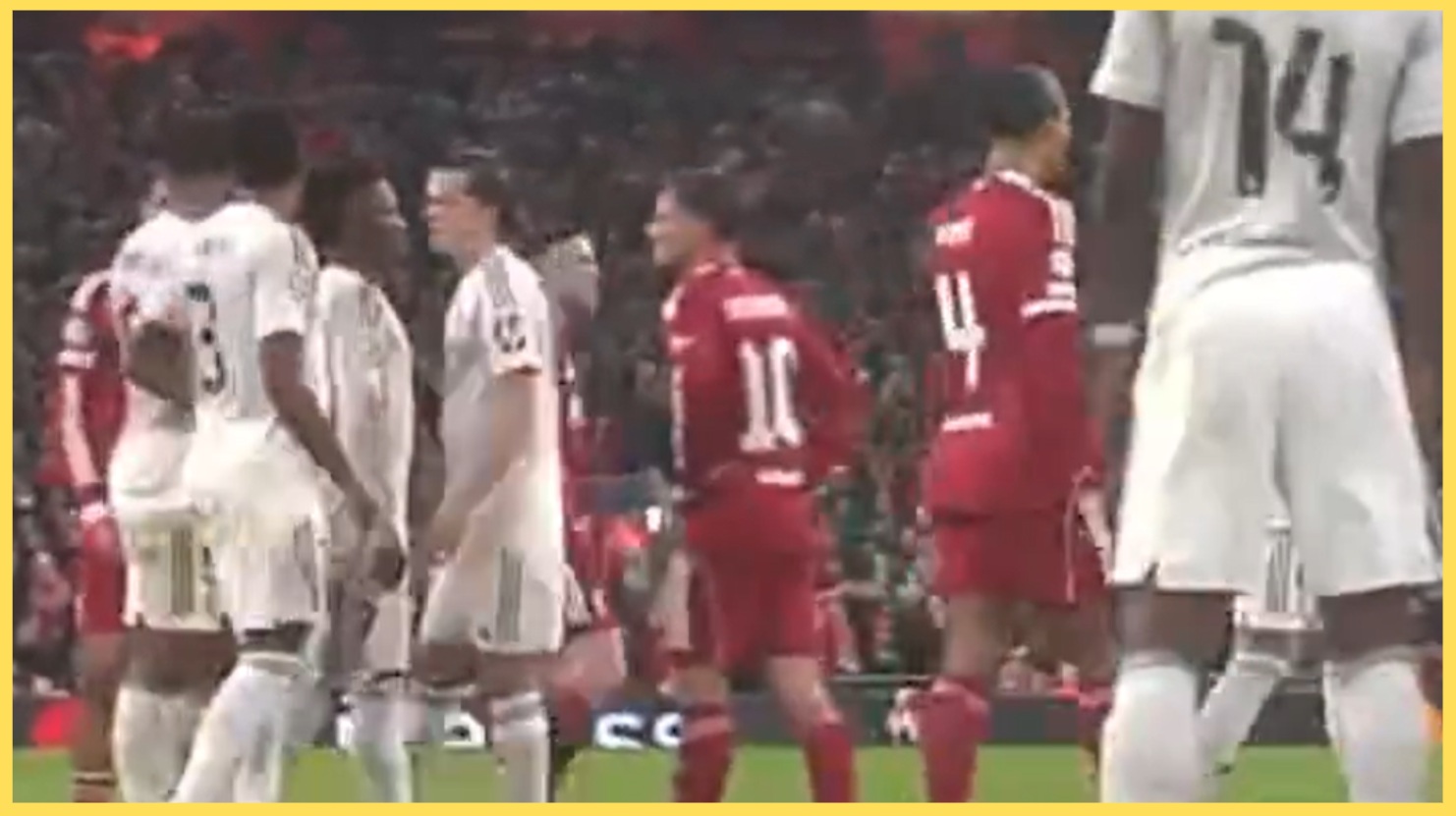 Virgil van Dijk was seen gesturing to Aurelien Tchouameni before a Liverpool free kick