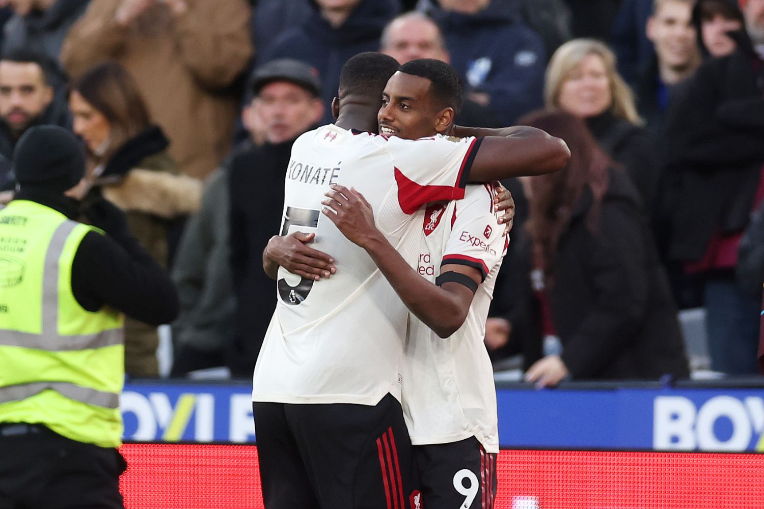 Alexander Isak and Ibou Konate celebrate at West Ham