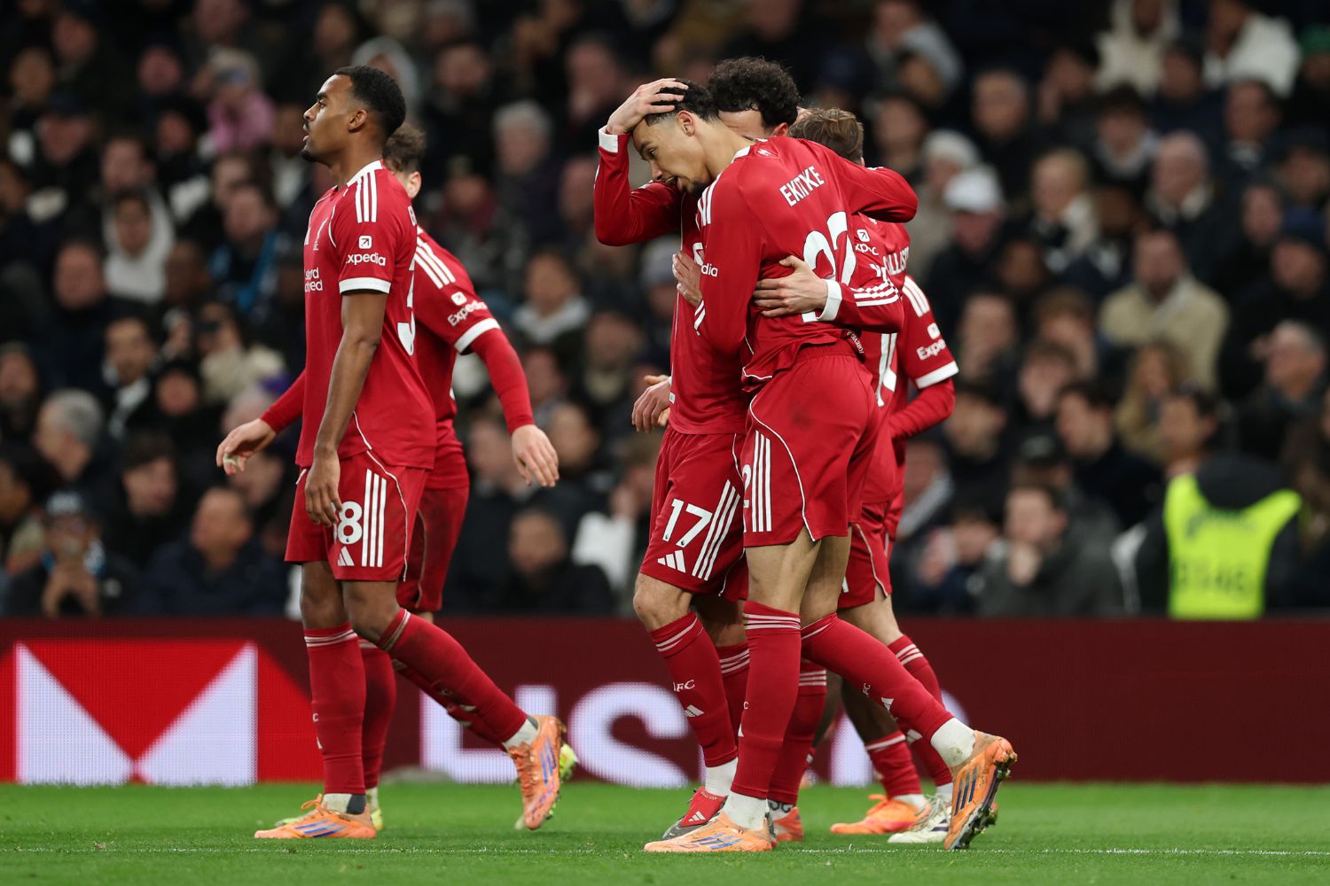 Hugo Ekitike and Curtis Jones celebrate against Tottenham