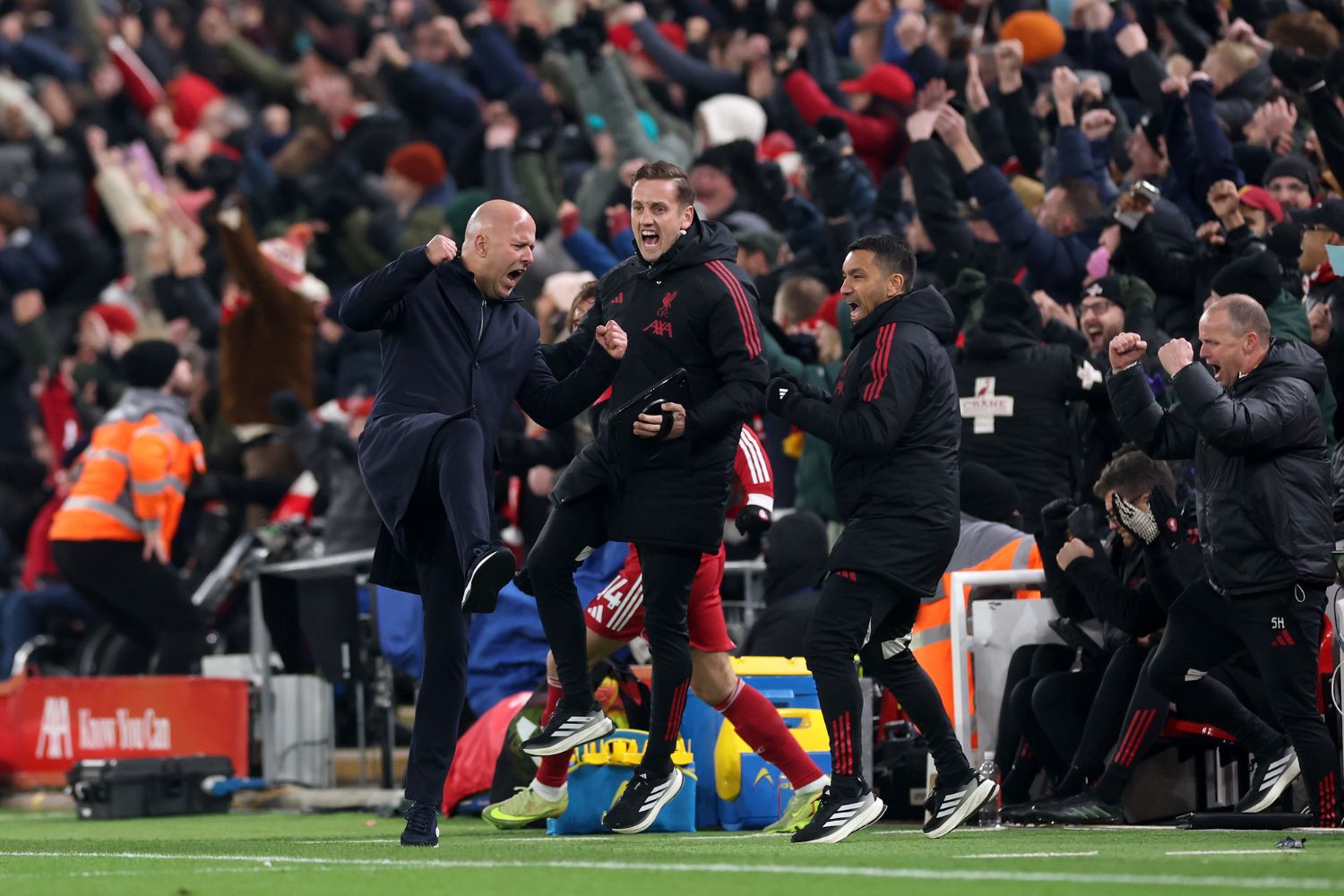Arne Slot celebrates at Anfield against Sunderland