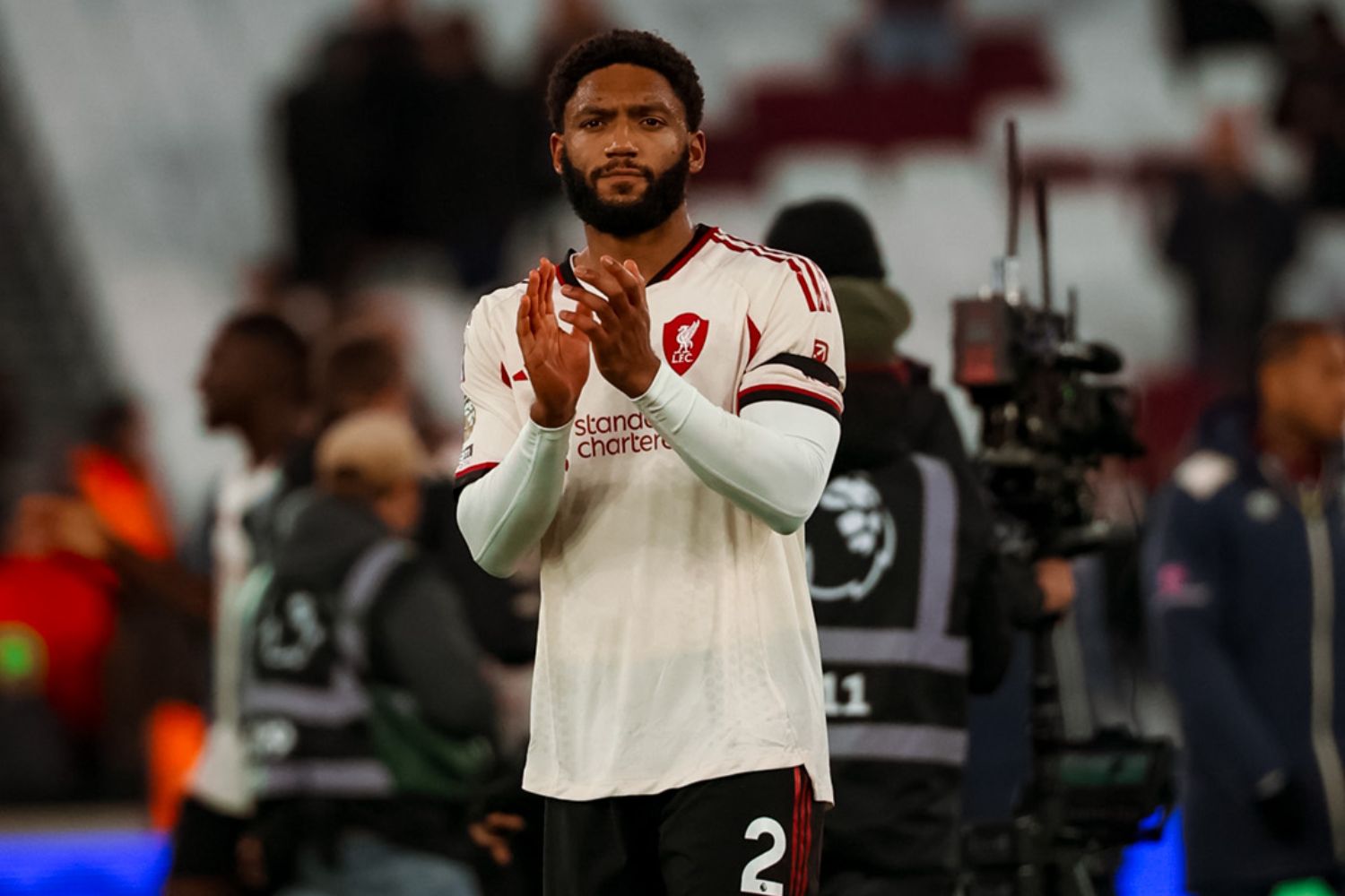 Joe Gomez applauds Liverpool fans at West Ham