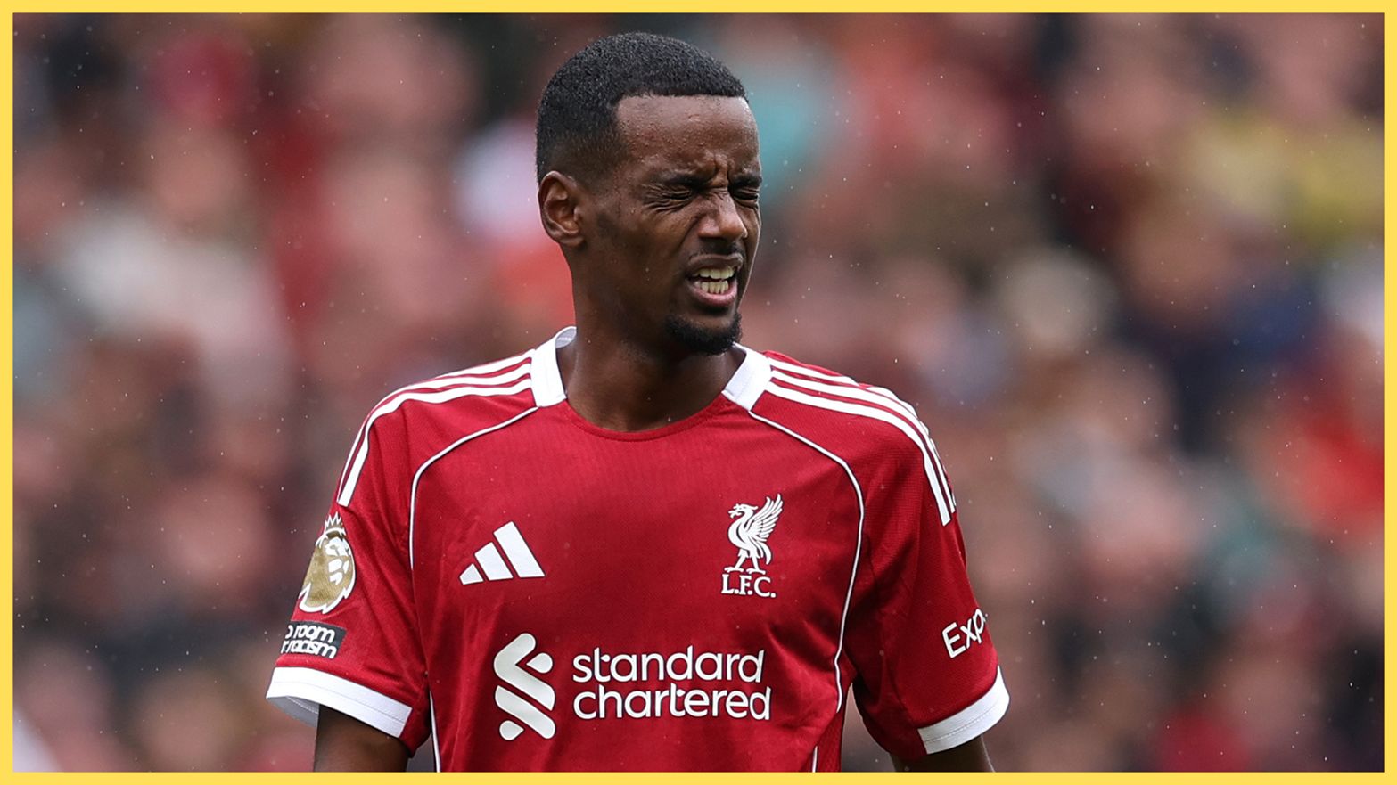 Alexander Isak squints in frustration during Liverpool game.