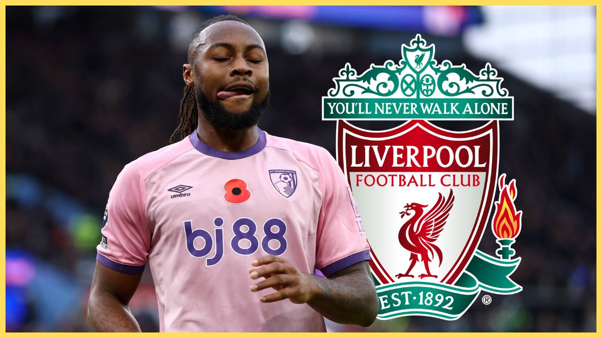 Antoine Semenyo licks his lips next to Liverpool club crest.