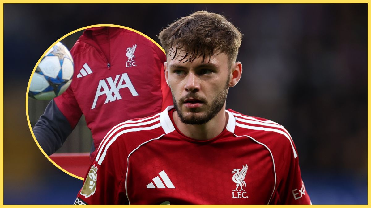 Conor Bradley looks on in front of a picture of Florian Wirtz in Liverpool training.