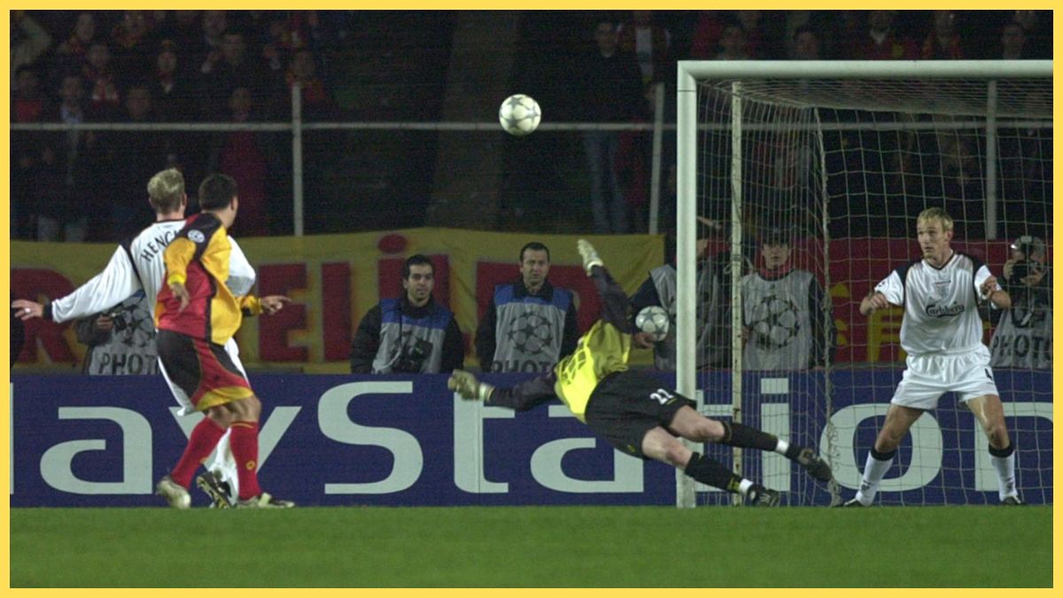Chris Kirkland of Liverpool saves from Goktan Berkant of Galatasary, in 2002
