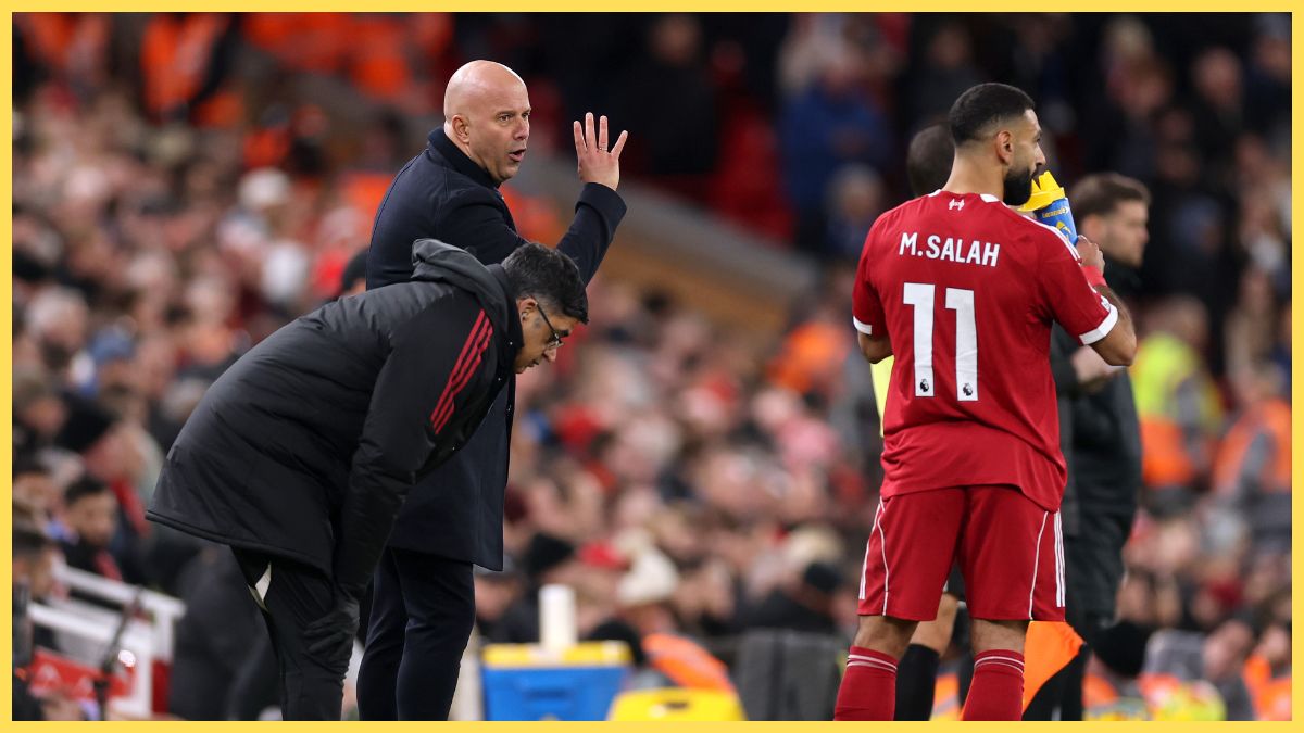 Mo Salah and Arne Slot during Liverpool vs Brighton