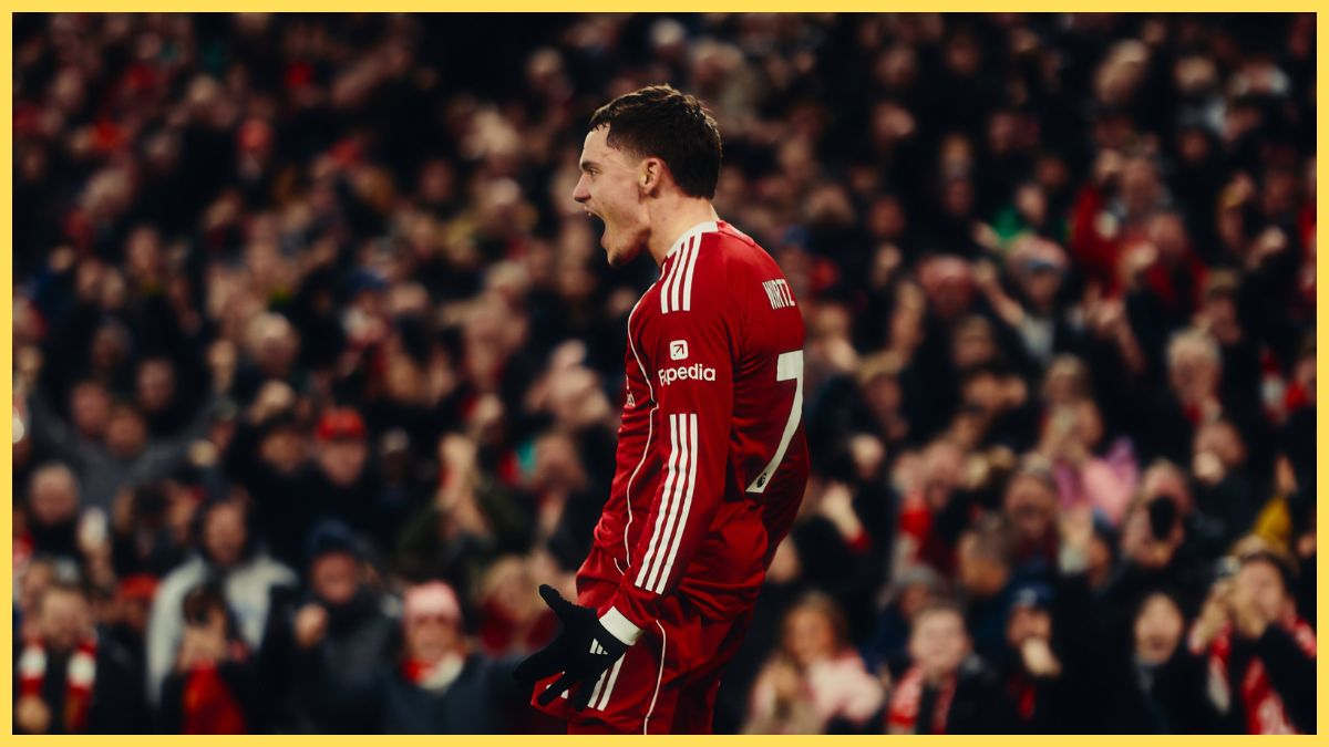 Florian Wirtz celebrates scoring his first Liverpool goal