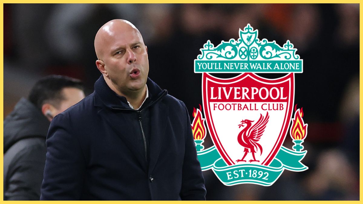 Arne Slot's mouth forms an O next to the Liverpool club crest.