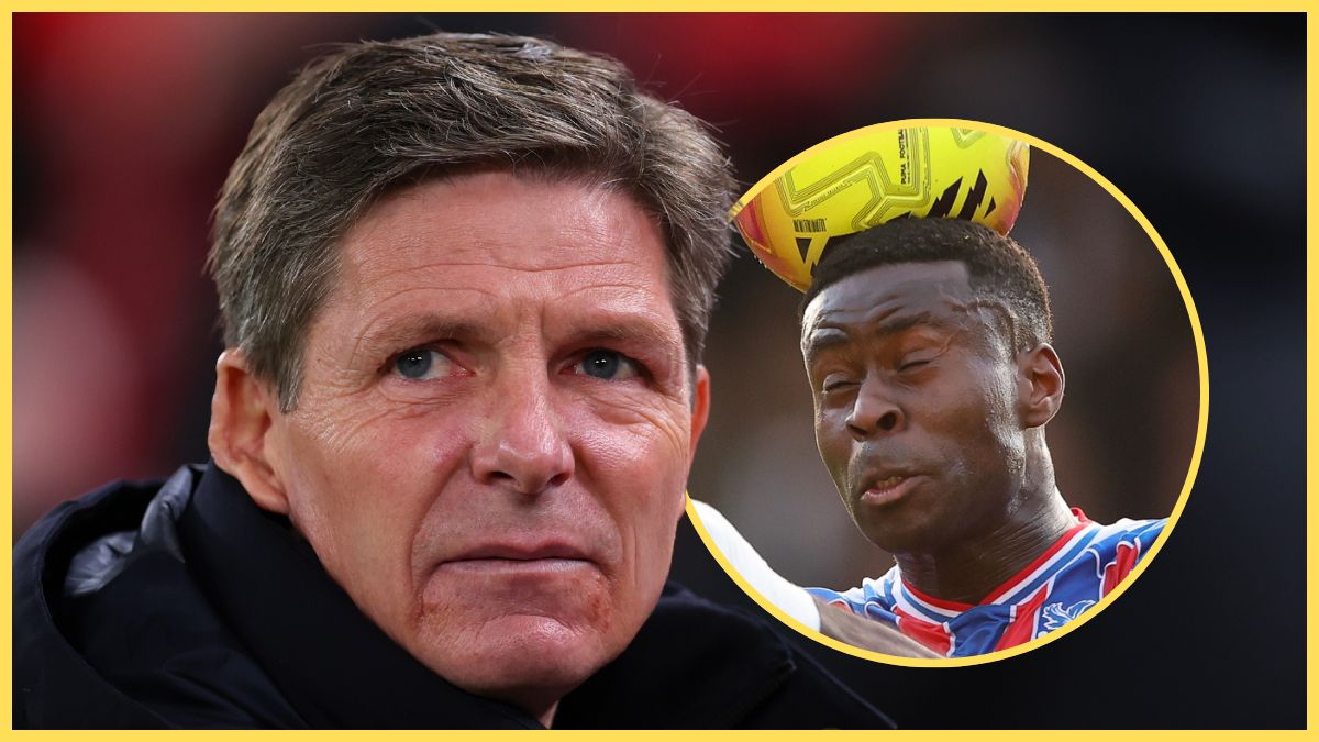 Oliver Glasner grimaces as Marc Guehi heads a ball.