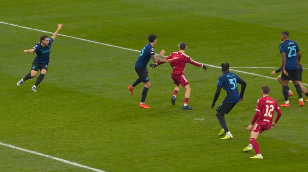 Alessandro Bastoni had a penalty given against him for tugging Florian Wirtz's shirt