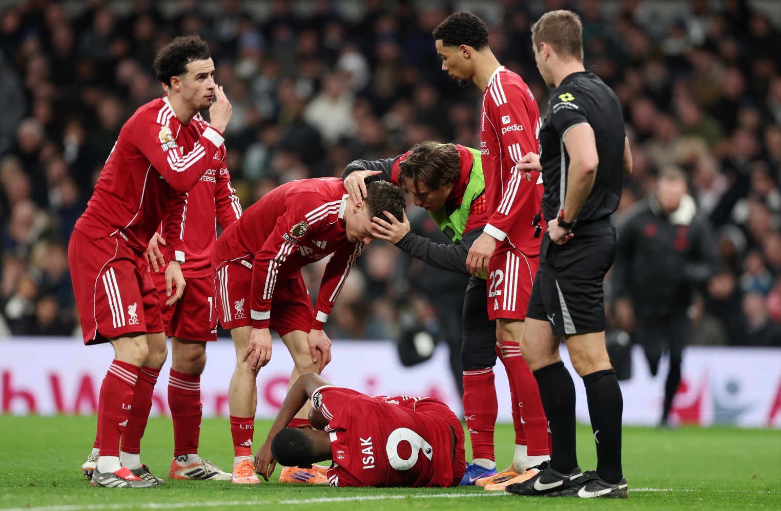 Alexander Isak was injured after being caught by Micky van de Ven in Liverpool's win over Spurs
