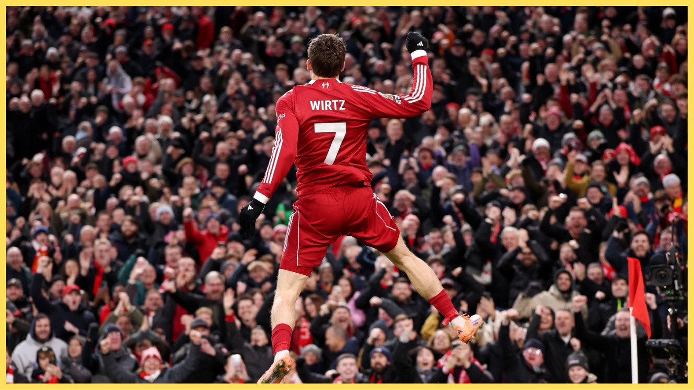 Florian Wirtz celebrates his first goal for Liverpool