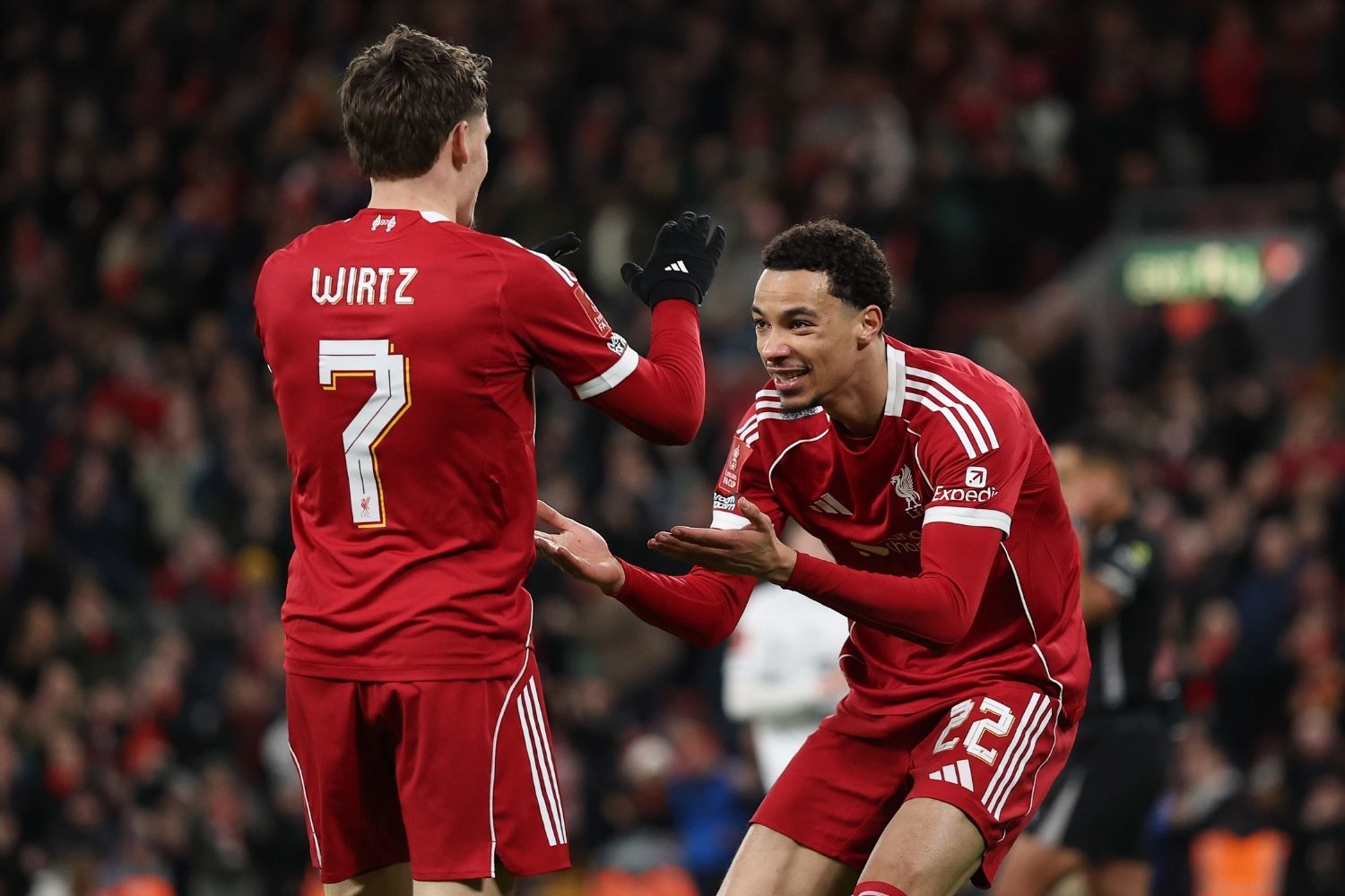 Florian Wirtz and Hugo Ekitike celebrate for Liverpool against Barnsley