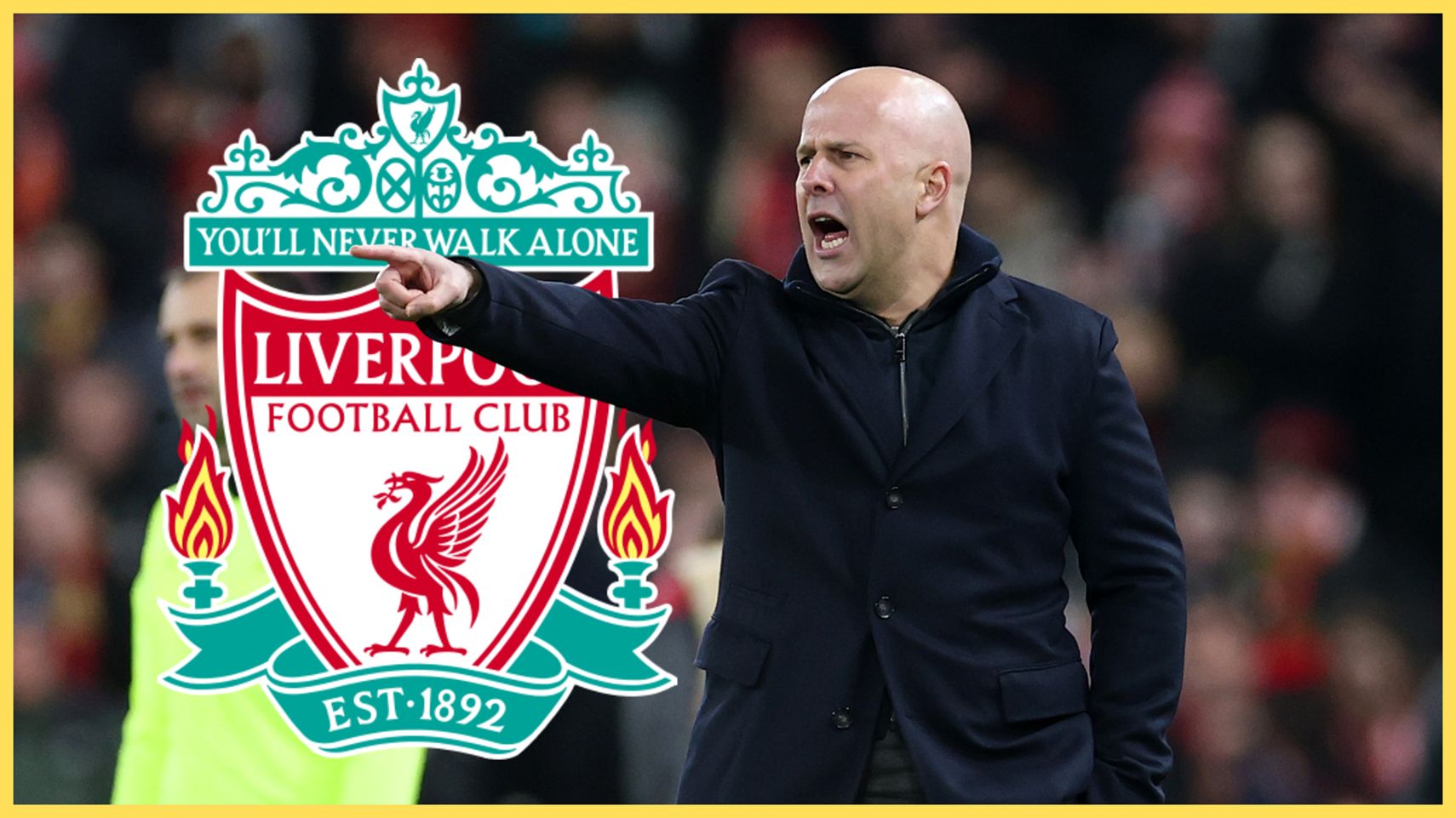 Arne Slot points at something on the pitch and shouts next to Liverpool club crest.