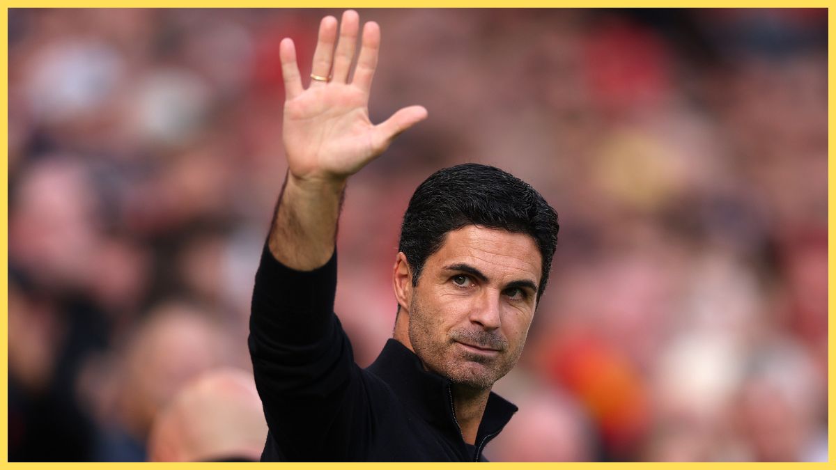 Mikel Arteta coaches Arsenal at Anfield