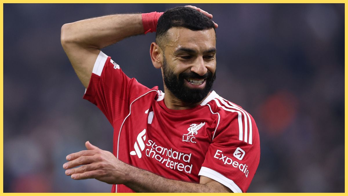 Mo Salah reacts after missing a chance against Marseille