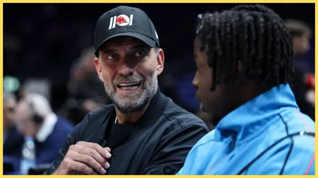 Jurgen Klopp talks to Belgian football player Johan Bakayoko