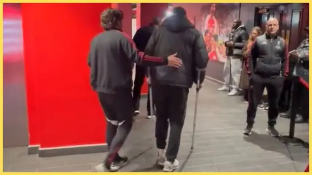 Conor Bradley leaves the Emirates on crutches