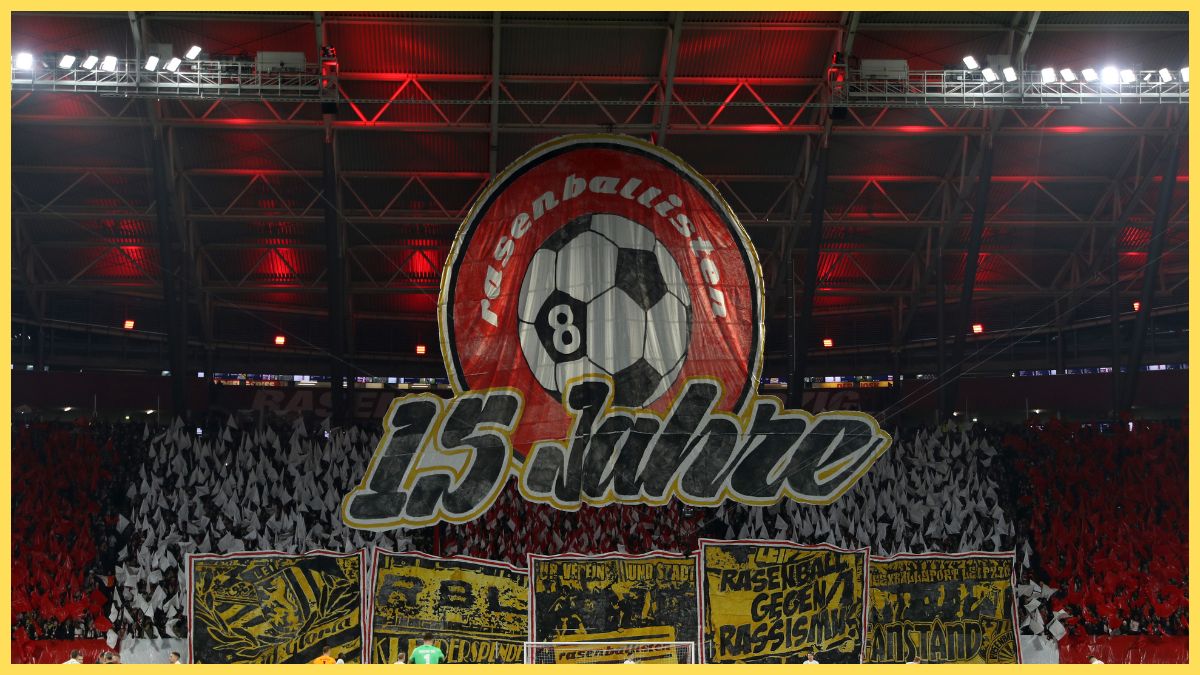 General view inside the stadium as fans of RB Leipzig