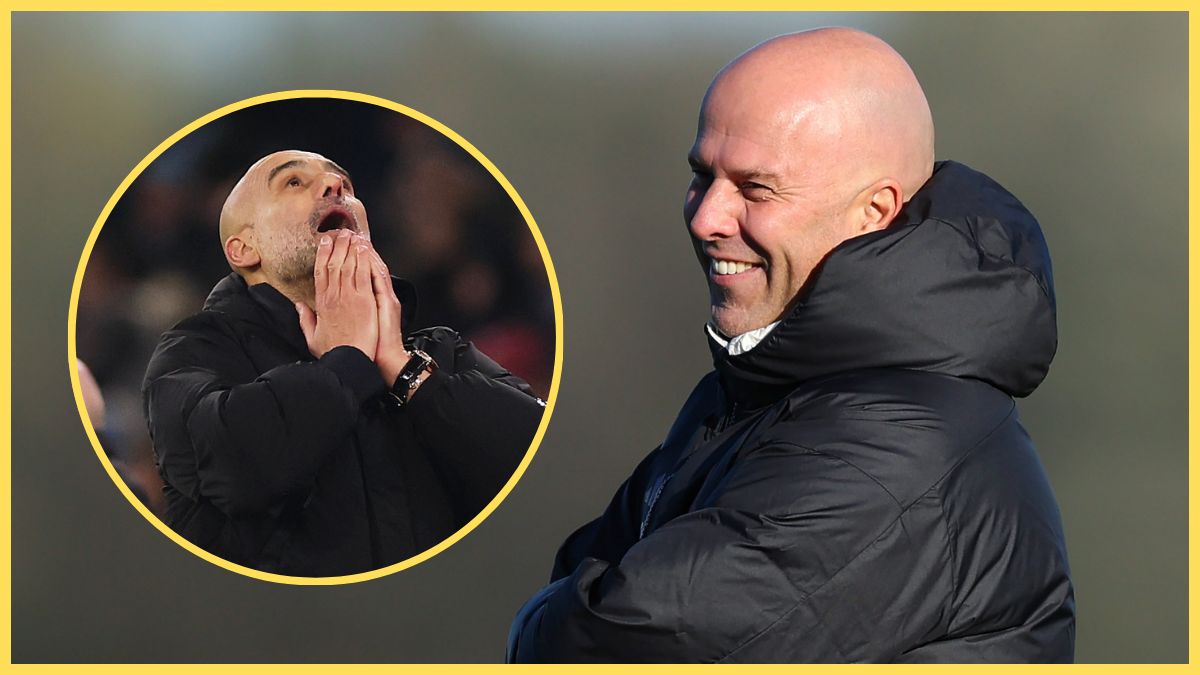 Arne Slot grins as Pep Guardiola looks defeated.