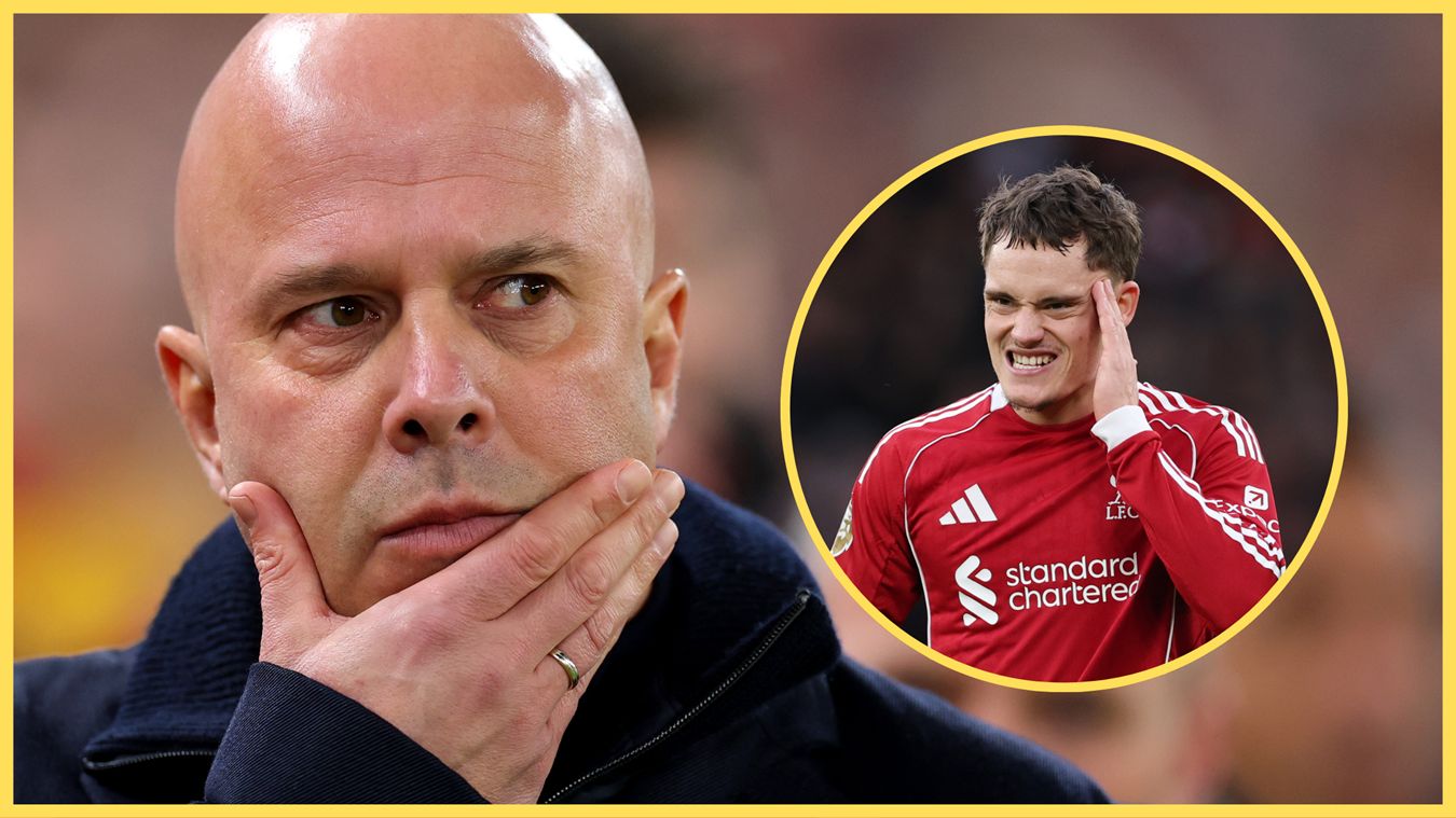 Arne Slot looks on in shock next to a grimacing Florian Wirtz.