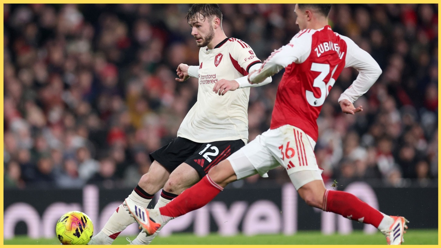 Conor Bradley hit the crossbar after trying to chip David Raya